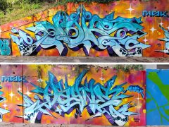 Dr. Dax and VAYNE<br/>2023 - <br/><span style= "font-size: 6pt">33.77491176629118, -84.42629478670368</span> Graffiti pieces on the Beltline in Bankhead Atlanta by Dr. Dax and VAYNE