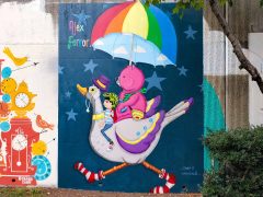Alex Ferror<br/>2025 - <br/><span style= "font-size: 6pt">33.751690555829995, -84.36566048431139</span> Street Art Mural in Cabbagetown Atlanta by Alex Ferror featuring a bear riding a duck