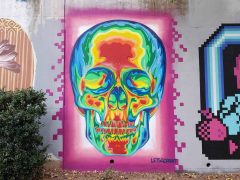 Matt Letrs<br/>2025 - <br/><span style= "font-size: 6pt">33.75177987822135, -84.36526845606008</span> Street Art Mural in Cabbagetown Atlanta by Matt Letrs featuring a multi-color skull
