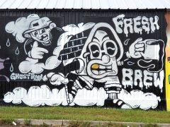 Ghost Town (Colin Russell)<br/>2025 - <br/><span style= "font-size: 6pt">33.73507382142801, -84.40519686508733</span> Street Art Mural in Pittsburgh Atlanta by Ghost Town (Colin Russell) featuring a house drinking coffee