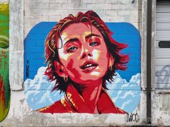 Nick Turbo Benson<br/>2025 - <br/><span style= "font-size: 6pt">33.7361827100856, -84.40544727221763</span> Street Art Mural in Pittsburgh Atlanta by Nick Turbo Benson featuring a portrait in red tones