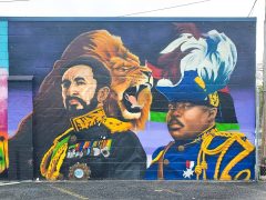 Keenan Chapman<br/>2025 - <br/><span style= "font-size: 6pt">33.737715923650825, -84.41655374244336</span> Street Art Mural in West End Atlanta by Keenan Chapman featuring Haile Selassie and Marcus Garvey