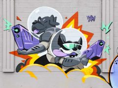 Yoyocam (Cameron Moore)<br/>2025 - <br/><span style= "font-size: 6pt">33.73600284042384, -84.40544212072383</span> Street Art Mural in Pittsburgh Atlanta by Yoyocam (Cameron Moore) featuring two dogs fighting crime in outer space