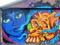 Keet_313<br/>2025 - <br/><span style= "font-size: 6pt">33.735357087898805, -84.40530470415911</span> Street Art Mural in Pittsburgh Atlanta by @Keet_313 featuring a blue face and a skull