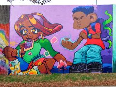 Street Art Mural formerly in Cabbagetown Atlanta by Drew Borders and Doit Doit (Mario Daniel) featuring younger versions of the artists