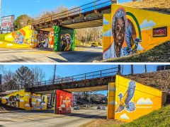 N. Carlos J.<br/>2025 - <br/><span style= "font-size: 6pt">33.79361499065943, -84.26364816480137</span> Bridge Mural in Scottdale, GA by N. Carlos J. featuring several local scenes