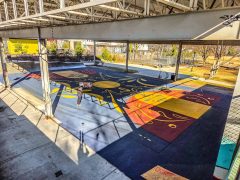 Patricia Hernandez<br/>2025 - <br/><span style= "font-size: 6pt">33.751888504123414, -84.35550845561916</span> Basketball Court Mural in Reynoldstown Atlanta by Patricia Hernandez featuring an abstract pattern