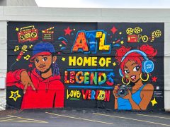 Drew Borders, Roc Sol, and Miss Lushy<br/>2026 - <br/><span style= "font-size: 6pt">33.76241871752978, -84.38842794873618</span> Street Art Mural in Downtown Atlanta by Drew Borders, Roc Sol, and Miss Lushy featuring two characters