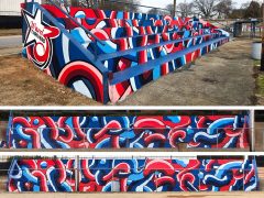 Oskiade Jaleel<br/>2026 - <br/><span style= "font-size: 6pt">33.65674112465754, -84.44006076258383</span> Street Art Mural on baseball field seating in College Park Atlanta by Oskiade Jaleel featuring an abstract design