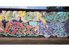 Various Artists<br/>2007 - 2026<br/><span style= "font-size: 6pt">33.76078025512933, -84.37158470291092</span> Detail of a Graffiti composite formerly in Old Fourth Ward Atlanta by various artists in Old Fourth Ward Atlanta