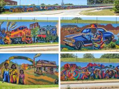Corey Barksdale<br/>2026 - <br/><span style= "font-size: 6pt">33.790174412014665, -84.40807053687685</span> Street Art Mural in West Midtown Atlanta by Corey Barksdale featuring historical scenes from the Blandtown neighborhood
