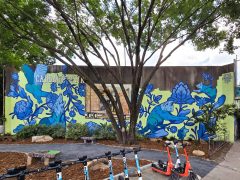 Peter Ferrari<br/>2026 - <br/><span style= "font-size: 6pt">33.75231941548942, -84.36354293853645</span> Street Art Mural in Cabbagetown Atlanta by Peter Ferrari featuring several different blue animals on a yellow background
