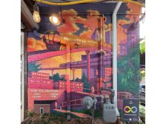 Adam Crawford and Larkin Ford<br/>2026 - <br/><span style= "font-size: 6pt">33.74968097169937, -84.36801289454415</span> Street Art Mural in Cabbagetown Atlanta by Adam Crawford and Larkin Ford featuring a cityscape