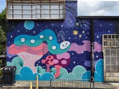 Pam Peacock<br/>2026 - <br/><span style= "font-size: 6pt">33.74391108253232, -84.43858504271937</span> Street Art Mural in Westview Atlanta by Pam Peacock featuring a space creature and mushrooms