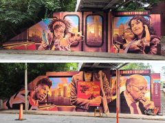 Nick Turbo Benson<br/>2026<br/><span style= "font-size: 6pt">33.768224655309616, -84.40683182428415</span> Street Art Mural in English Avenue Atlanta by Nick Turbo Benson featuring passengers on a MARTA Train
