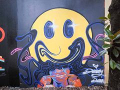 Street Art Mural in Cabbagetown Atlanta by Dizzy featuring a smiley face