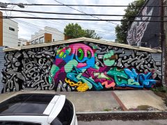 Patch Whisky, Letsgopaint (Matt Letrs), and Aesek<br/>2026 - <br/><span style= "font-size: 6pt">33.74007715622947, -84.3448383732613/span> Street Art Mural in East Atlanta by Patch Whisky, Letsgopaint (Matt Letrs), and Aesek featuring a colorful monster