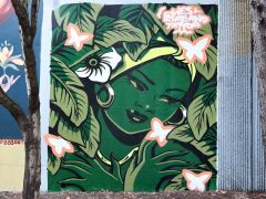 Street Art Mural in Cabbagetown Atlanta by Wes Holland featuring a green face